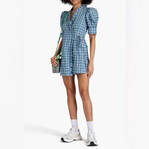 !!!!! SOLD !!!!!! Women's Size 38 Blue Cotton Gingham Print Puff Sleeve